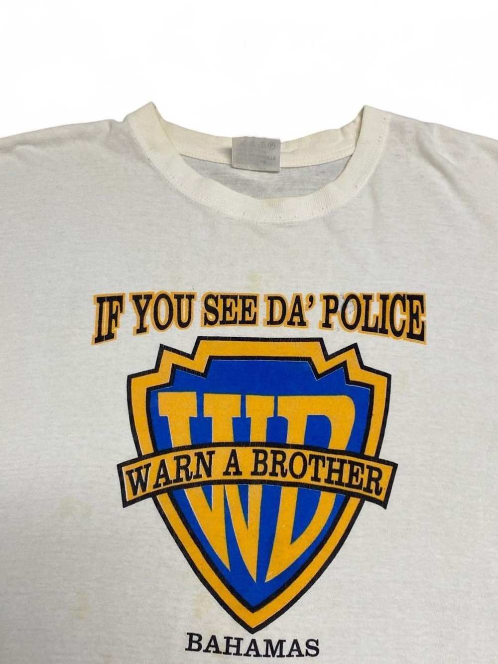 White Short Sleeve Graphic Tee - Blue & Gold Shield Design